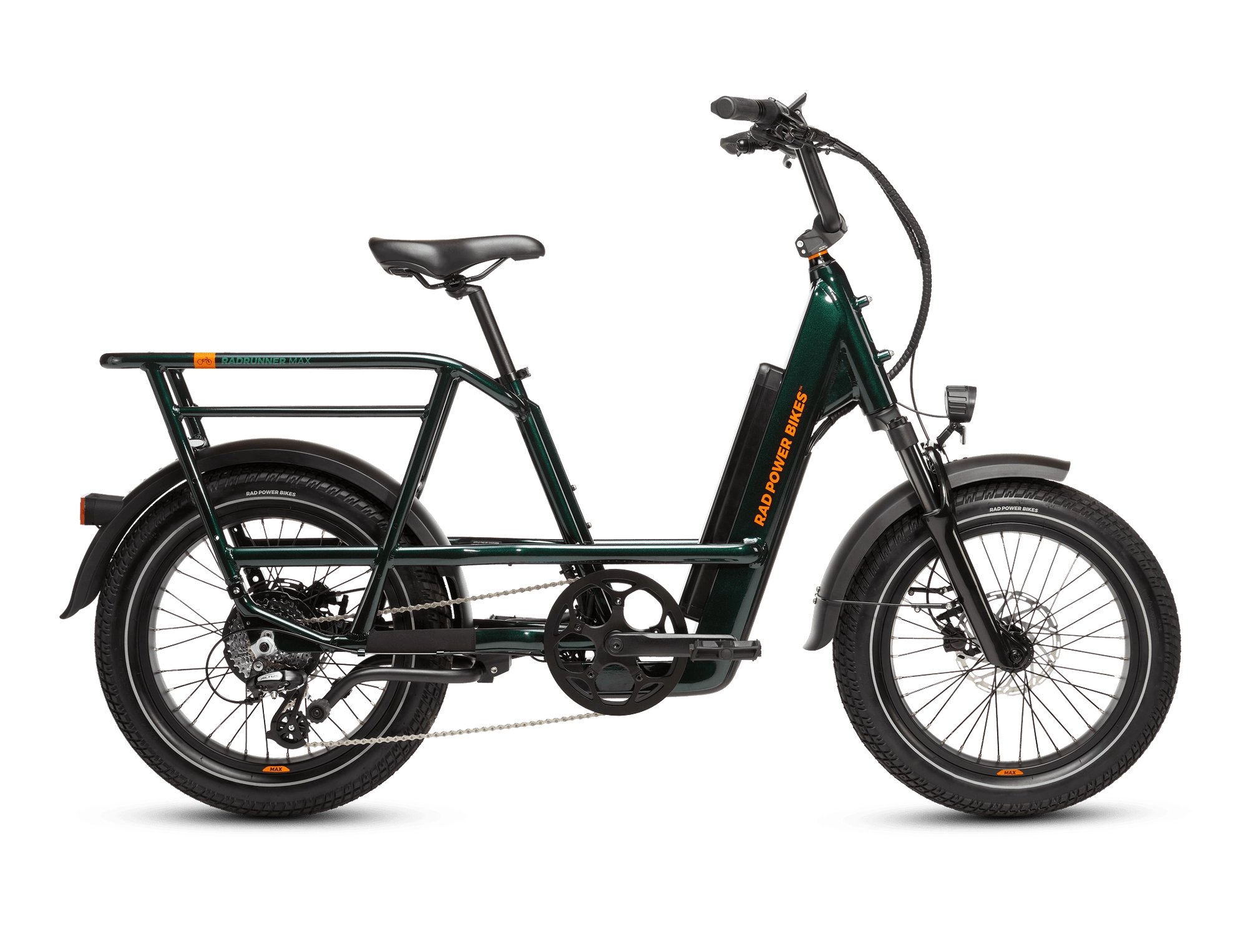 Right side of a deep emerald green RadRunner Max electric cargo utility bike