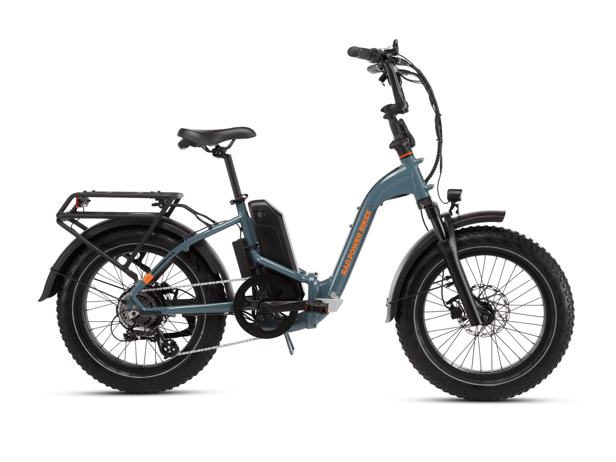 A slate blue RadExpand 5 Plus electric folding bike