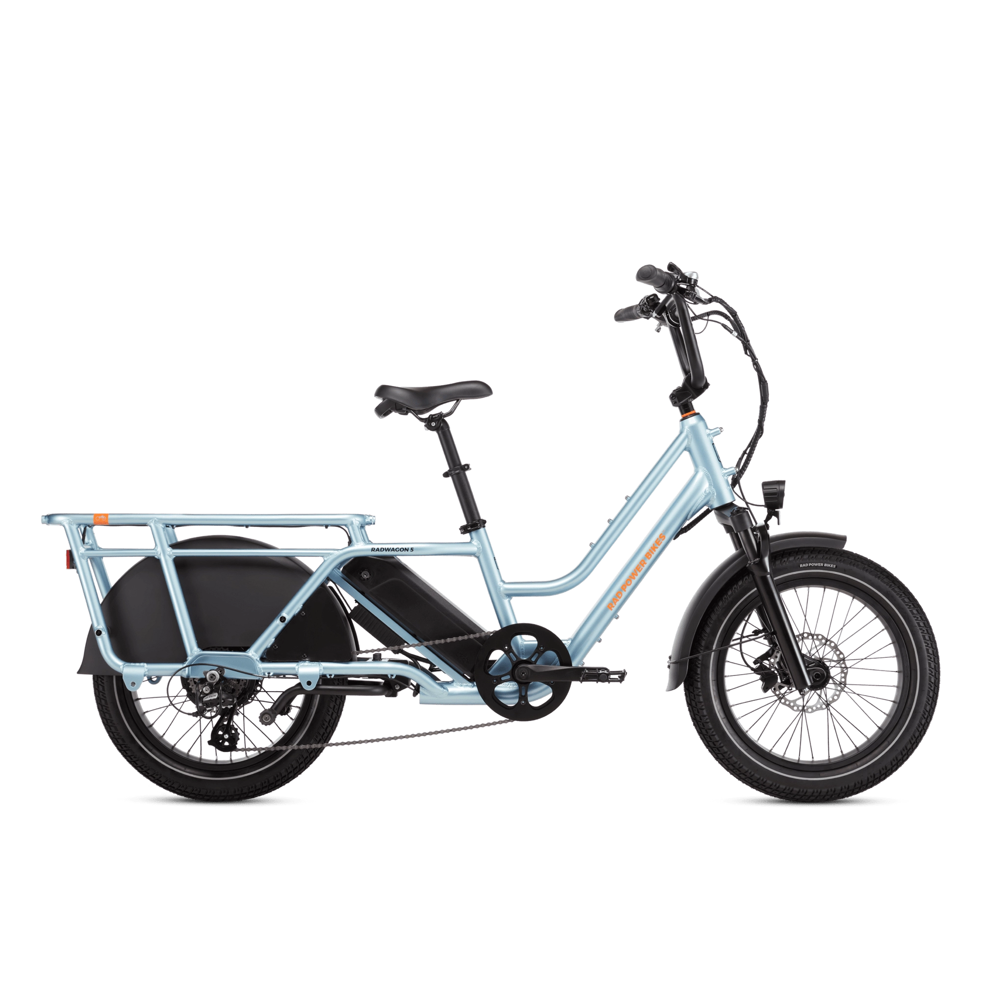 Right side of a light blue RadWagon 5 electric cargo bike