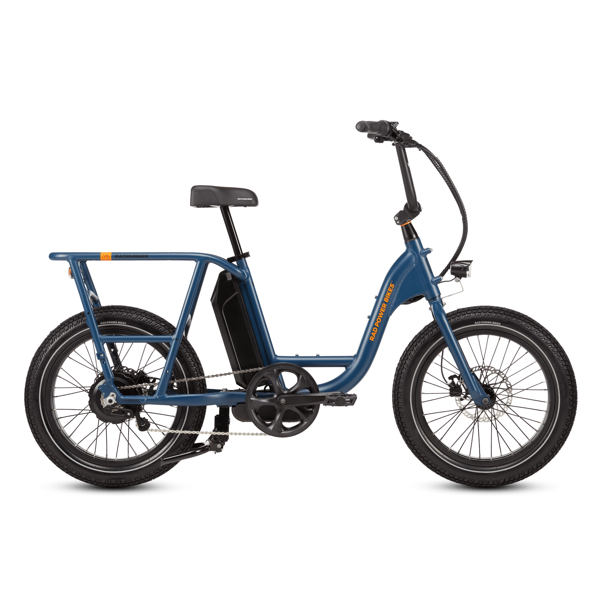 Right side of a blue RadRunner cargo utility ebike on a white background