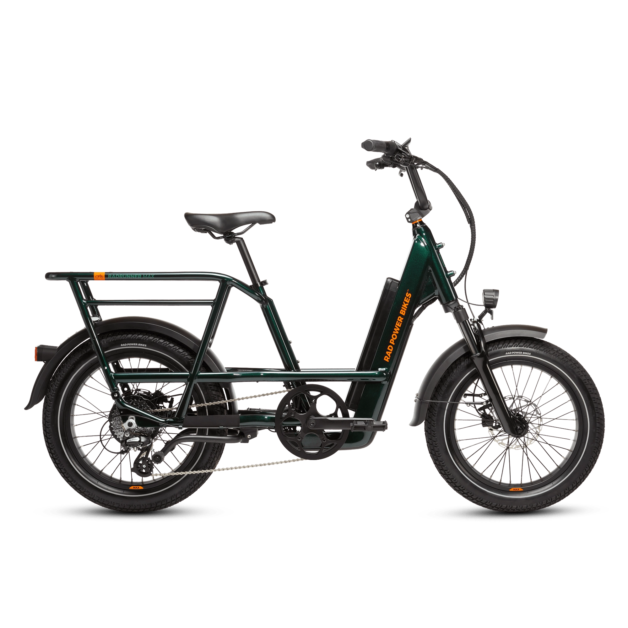 Right side of a deep emerald green RadRunner cargo utility ebike on a white background