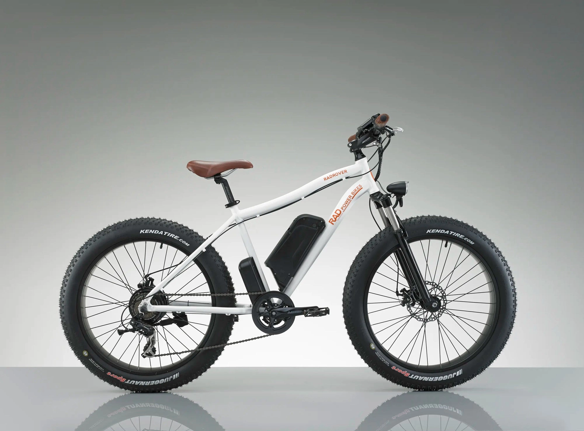 A white fat tire Rad ebike photographed in a studio