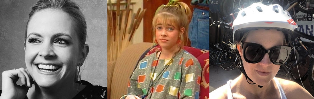 Three portraits of actor Melissa Joan Hart, one wearing a bike helmet