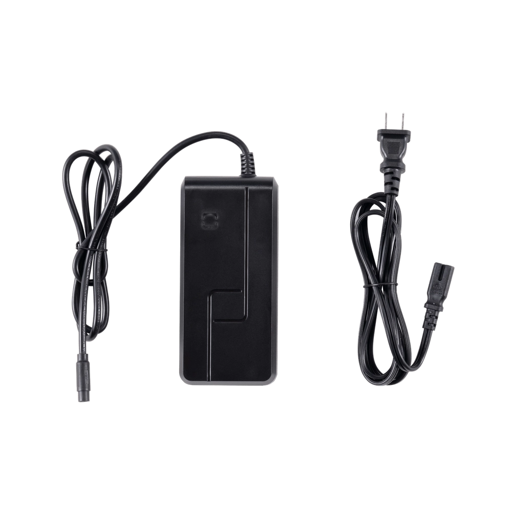 A black battery charger with a power cord