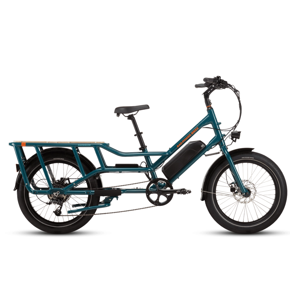 A teal RadWagon electric cargo bike