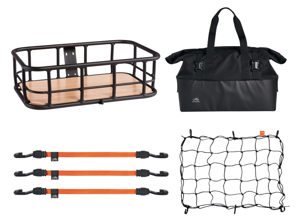 A cargo bundle with a basket, a duffel bag, orange straps and a cargo net