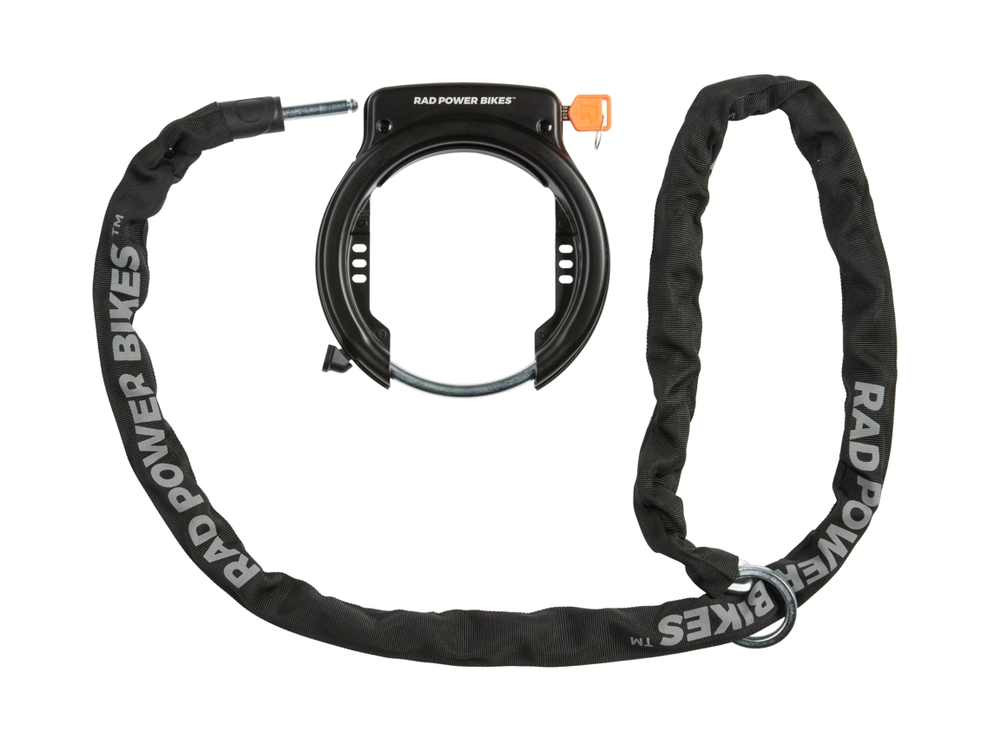 A chain lock and a frame lock with Rad Power Bikes lettering