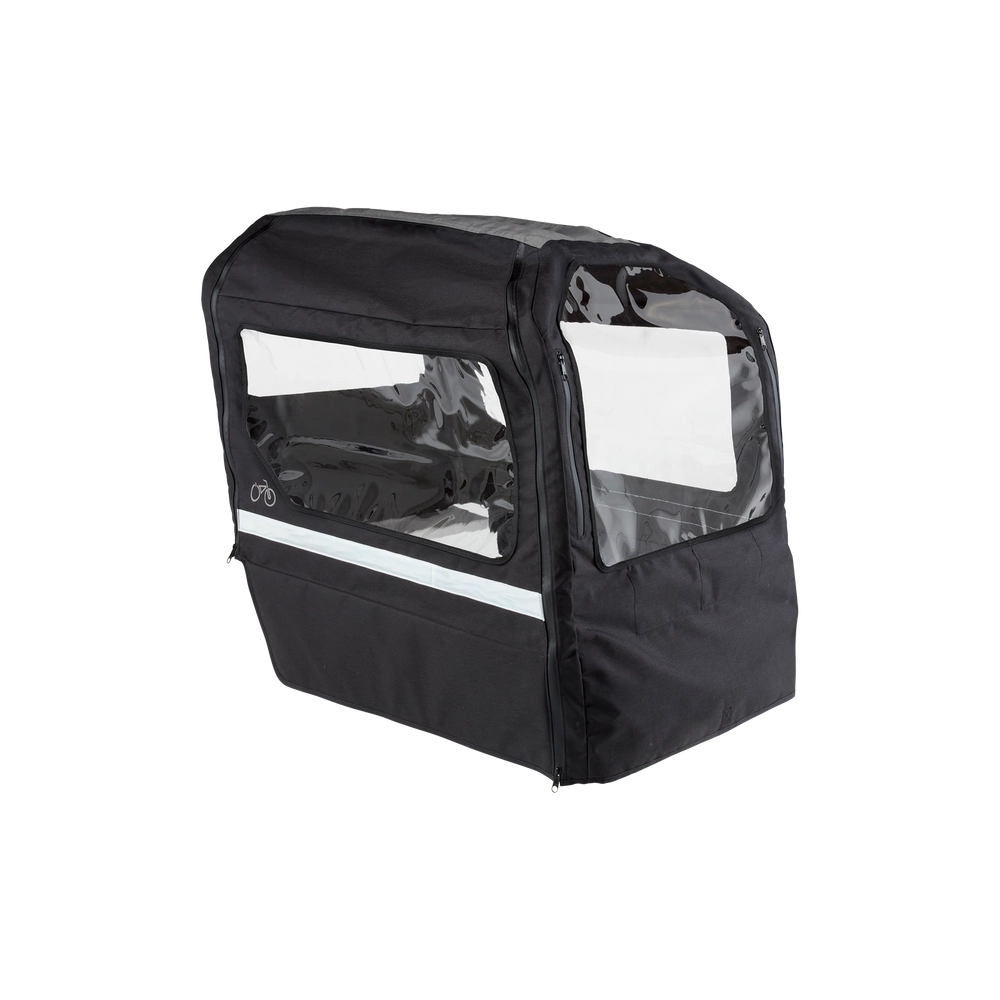 A black weather cover for a cargo bike seat
