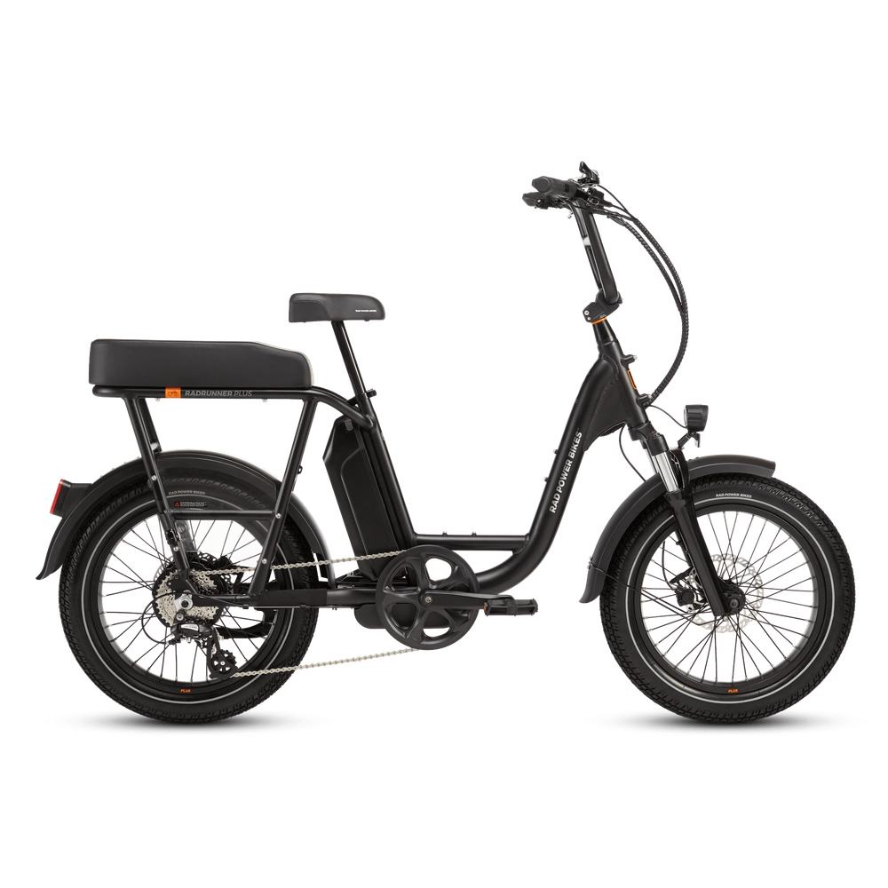 A matte black RadRunner Plus electric cargo utility bike